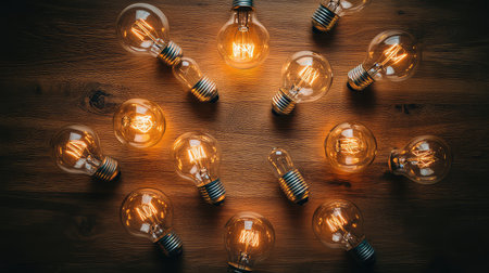 A captivating arrangement of vintage light bulbs on a wooden surface, casting a warm glow. This cozy setup evokes a sense of tranquility and style.の素材