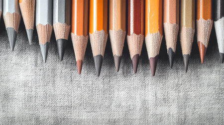 A striking arrangement of colorful pencils on a grey textured canvas background. Ideal for artistic projects, education, or creative inspiration.の素材