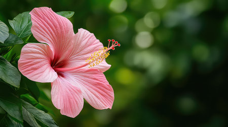 A stunning close-up of a pink hibiscus flower against a soft green background, capturing the beauty of nature and showcasing vibrant colors and intricate details.の素材
