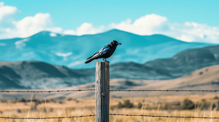 A stunning bird perched gracefully on a rustic wooden post in a serene landscape, with majestic mountains and a clear blue sky in the background.の素材