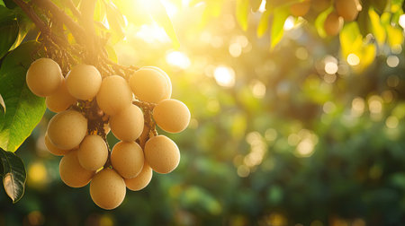 A beautiful cluster of fresh lychee fruits hanging from a branch, illuminated by warm sunlight, surrounded by a lush green background, capturing nature's bounty.の素材