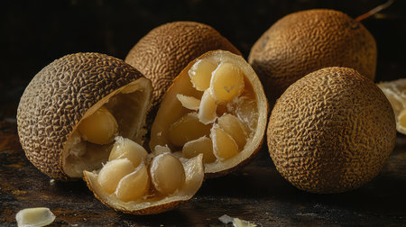 This image showcases fresh, ripe fruits with textured shells and creamy interiors, emphasizing natural and organic produce against a dark background.の素材