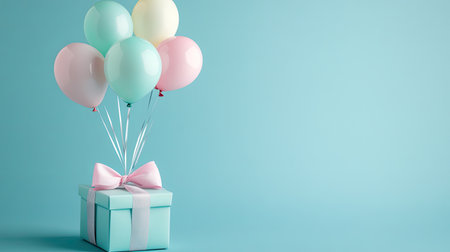 A beautifully wrapped gift box adorned with a ribbon, surrounded by colorful balloons on a soft blue background, perfect for celebrations and joyful moments.の素材