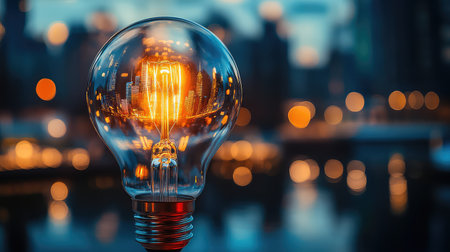 A stunning glass light bulb glowing against a blurred city skyline at dusk, capturing the essence of urban life with brilliant reflections and warm light.の素材