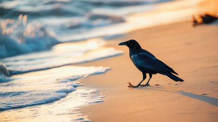 A striking black bird walks along a sandy beach at sunrise, surrounded by gentle ocean waves and soft sunlight, capturing a peaceful moment in nature.の素材