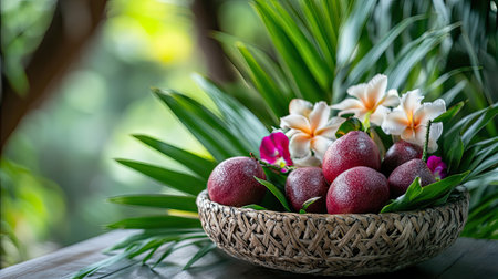 A beautiful still life featuring fresh tropical fruits arranged in a woven basket surrounded by colorful flowers and lush greenery, creating a vibrant natural display.の素材
