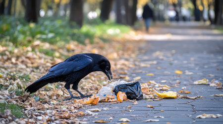 A black bird scavenges through litter in a park setting, surrounded by colorful autumn leaves. The scene captures wildlife interaction with urban waste.の素材