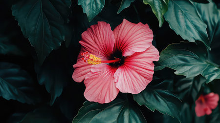 A stunning pink hibiscus flower stands out against deep green leaves, showcasing its vibrant colors and intricate details in a serene outdoor setting.の素材