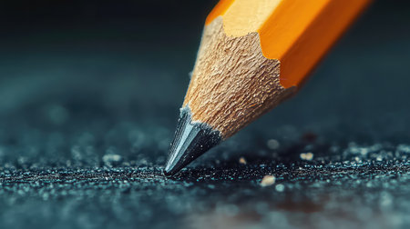 This close-up image showcases the intricate details of a sharpened orange pencil tip resting on a dark surface, surrounded by shavings and dust. Perfect for creative and educational themes.の素材