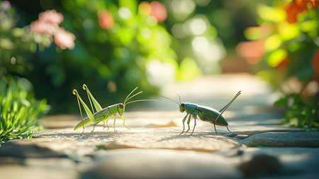 This captivating image features two green grasshoppers positioned on a garden path. Soft sunlight illuminates their vibrant bodies as they interact amid lush greenery.の素材