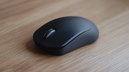A sleek black computer mouse resting elegantly on a wooden surface, perfect for modern workspace setups. Ideal for tech and office themes.の素材