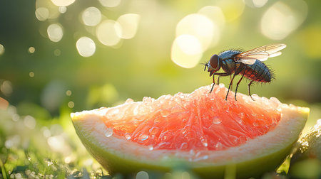 A stunning close-up view of a fly delicately perched on a watermelon slice illuminated by soft natural light, creating an enchanting atmosphere filled with shimmering droplets and a lovely bokeh background.の素材