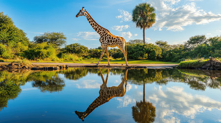 A stunning image of a giraffe walking gracefully beside a calm body of water, reflecting the beautiful blue sky and lush greenery, capturing the essence of wildlife.の素材