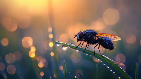 A stunning close-up captures a fly perched on a dew-covered grass blade, illuminated by a soft sunrise glow. The bokeh background creates an enchanting atmosphere.の素材