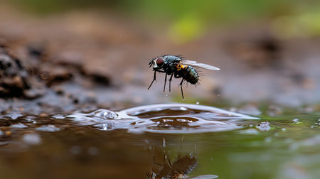 A striking close-up image of a fly hovering above a water surface, showcasing intricate details, reflections, and droplets in a natural setting.の素材