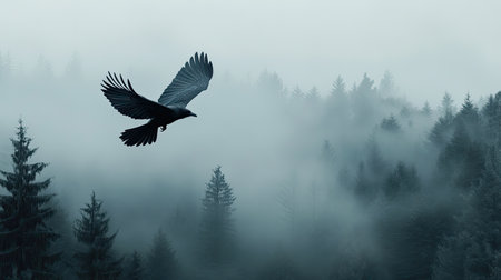A captivating image of a bird gracefully soaring above a misty forest. The ethereal atmosphere creates a serene backdrop with evergreen trees.の素材