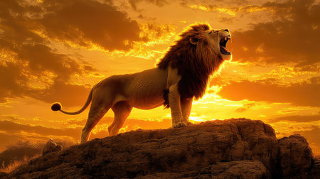A majestic lion stands on a rocky outcrop, roaring boldly against a stunning sunset. The vibrant orange and gold sky creates a dramatic backdrop, highlighting the lion's powerful stance.の素材