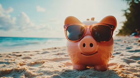 A playful piggy bank wearing stylish sunglasses rests on soft, warm sand at a beautiful beach. The ocean sparkles in the background, symbolizing savings and sunny vibes.の素材