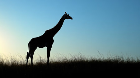 A stunning silhouette of a giraffe gracefully standing in a savannah at sunset, showcasing the beauty and tranquility of wildlife in its natural habitat.の素材