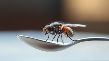 A macro photograph captures a fly delicately balancing on a spoon, revealing fine textures and colors. The soft background enhances the scene's focus.の素材