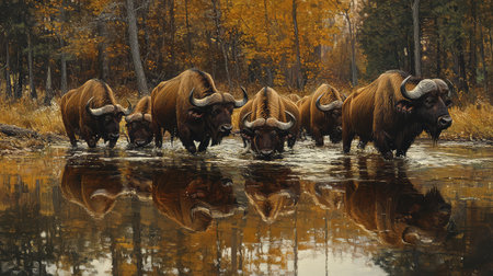 A majestic herd of buffalo wades through a serene stream, their reflections glistening in calm water. The vibrant autumn trees frame this tranquil wildlife scene.の素材
