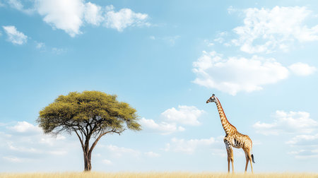 This captivating image features a solitary giraffe beside a large acacia tree, framed against a stunning blue sky with soft, billowing clouds. The serene savanna landscape offers a peaceful encounter with wildlife, capturing the beauty of nature.の素材