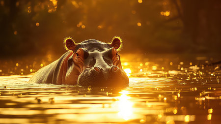 A stunning portrait of a hippopotamus swimming gracefully in shimmering water during sunset. The warm, golden light creates a serene atmosphere in its natural habitat, capturing the beauty of wildlife at dusk.の素材