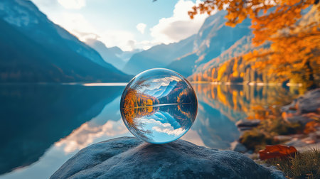 A stunning reflection of a colorful autumn landscape captured in a glass sphere placed on a rock by a serene lake, showcasing vibrant trees and mountains.の素材