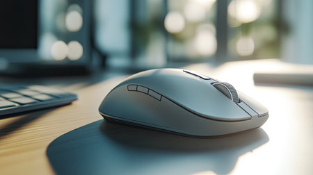 A sleek and stylish computer mouse rests on a polished wooden desk, illuminated by soft natural light, creating a modern and productive workspace ambiance.の素材