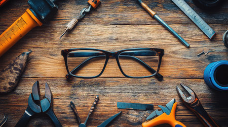 A pair of stylish eyeglasses is centered among a variety of hand tools on a rustic wooden table, emphasizing the blend of craftsmanship and vision.の素材