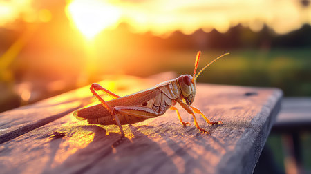 A stunning close-up of a grasshopper perched on a wooden plank, basking in the warm glow of the sunset. The soft natural light highlights its intricate details.の素材