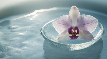 A delicate pink orchid gracefully floats on clear water in a glass bowl, creating a peaceful and serene atmosphere perfect for relaxation and beauty.の素材