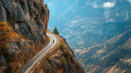 Experience the breathtaking beauty of a winding road nestled against a mountain cliff, showcasing dramatic landscapes and serene nature.の素材