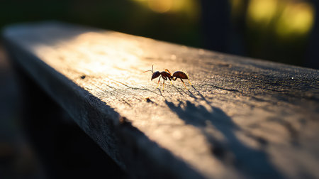 A solitary ant traverses a wooden surface, illuminated by soft sunlight that creates an enchanting play of shadows, capturing a serene natural moment.の素材