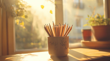 A beautiful arrangement of pencils stands elegantly in a jar on a rustic wooden table, illuminated by soft natural light, creating a warm, inviting atmosphere perfect for inspiring creativity and study.の素材