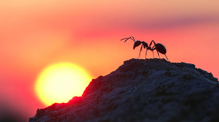 A striking image featuring an ant silhouette perched on a rock during a vibrant sunset. The warm colors of the sky create a serene and tranquil atmosphere, highlighting the beauty of nature.の素材