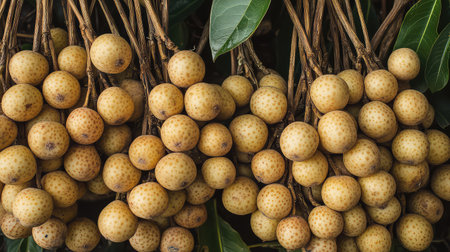 A close-up view of fresh longan fruits hanging on branches, showcasing their round shape and textured skin. The green leaves provide a vibrant backdrop for this tropical delicacy.の素材