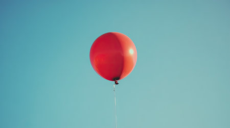 A bright red balloon floats effortlessly against a clear blue sky, symbolizing joy and freedom. Ideal for themes of celebration and childhood innocence.の素材