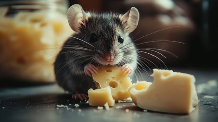 This image captures an adorable small mouse happily nibbling on a piece of cheese, set against a cozy kitchen backdrop. The furry creature showcases endearing features and a playful spirit, perfectly embodying the charm of wildlife in a domestic setting.の素材