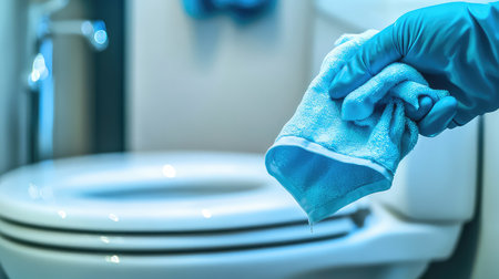 A close-up image shows a gloved hand holding a microfiber cloth that drips water, emphasizing bathroom hygiene and cleaning practices.の素材