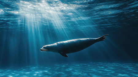 A beautiful sea lion swims gracefully in a deep ocean setting, illuminated by captivating beams of sunlight, showcasing its elegant movement and serene habitat.の素材