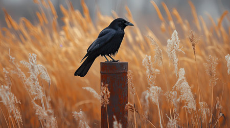 A striking image of a black bird perched on a rusty metal post, surrounded by swaying golden grasses, capturing the essence of a tranquil autumn landscape.の素材