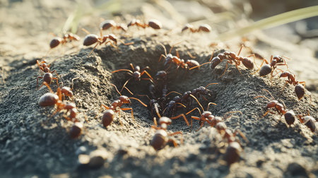 A detailed macro shot of ants busily working around the entrance of their nest in sandy soil, showcasing their intricate behaviors and teamwork in nature.の素材