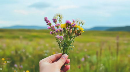A hand delicately holds a vibrant bunch of wildflowers amidst a serene landscape, showcasing the beauty of nature and the joy of simple moments.の素材