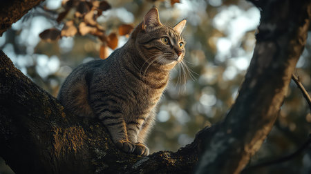 A beautiful tabby cat sits quietly on a tree branch, displaying its striking features and elegant posture. The soft backdrop highlights the serene moment in nature.の素材