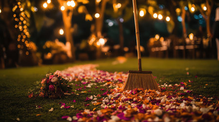 A charming outdoor scene featuring a broom amidst vibrant flower petals and twinkling fairy lights, creating a romantic atmosphere ideal for celebrations.の素材