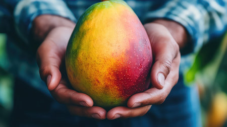 A beautiful close-up of hands gently holding a vibrant mango, showcasing its rich colors and fresh texture against a lush green background.の素材
