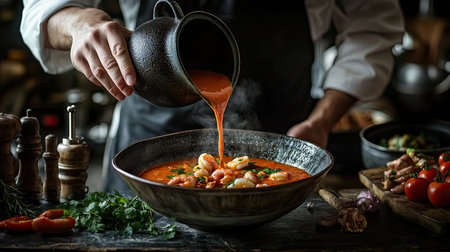 A chef skillfully pours rich tomato seafood soup into a rustic bowl, showcasing vibrant ingredients in a warm kitchen, perfect for culinary enthusiasts.の素材