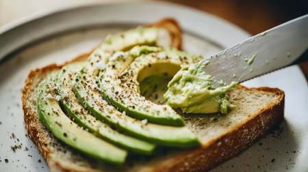 A beautifully arranged slice of toast topped with fresh avocado, seasoned lightly, set in a cozy kitchen, perfect for healthy meals and brunch moments.の素材