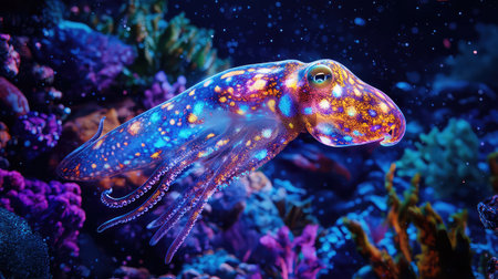 A mesmerizing octopus gracefully glides through a vibrant coral reef, showcasing its stunning colors and patterns amidst a lively underwater environment.の素材